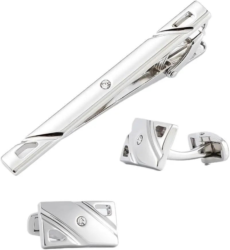 Electroplated Silver Square Alloy Tie Clip Cufflink Set Men's Cuff Links Tie Clips