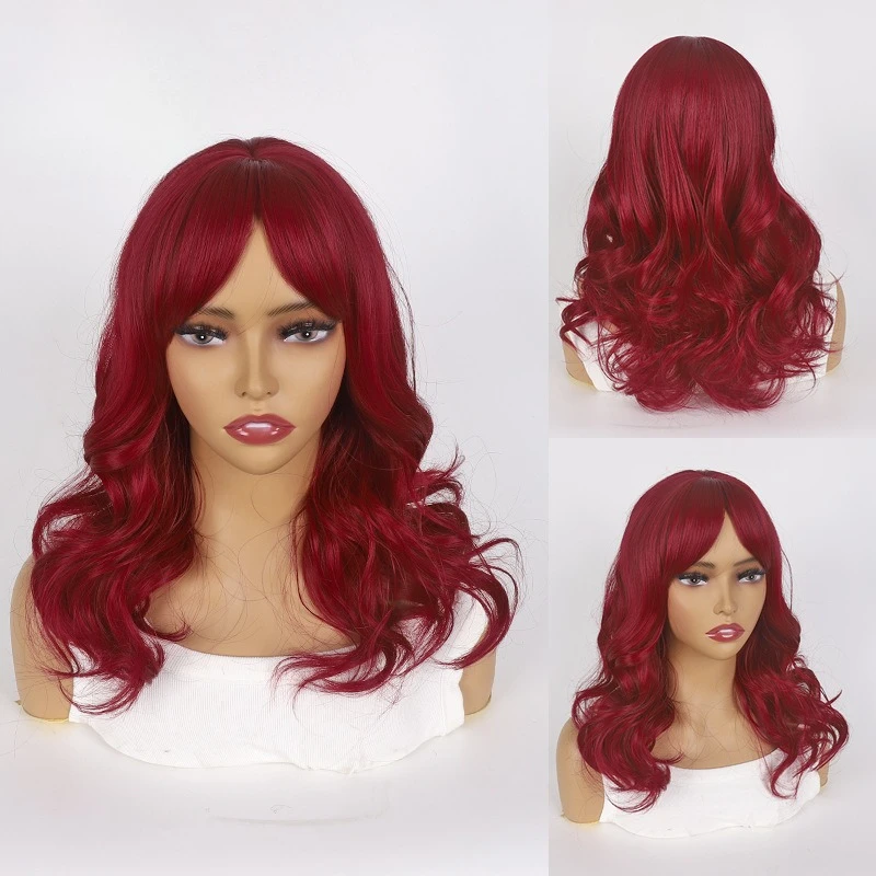 

European and American wig full head cover eight-character bangs medium section long curly hair red women's wig cover chemical fi