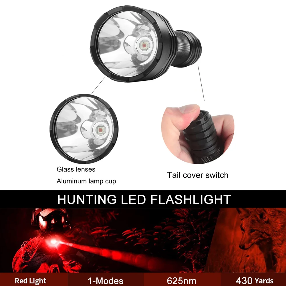 UltraFire C8 LED Outdoor Powerful Red Light Flashlight 350m Focus Handheld Long Range Lantern for Night Hunting Rabbit Spotlight