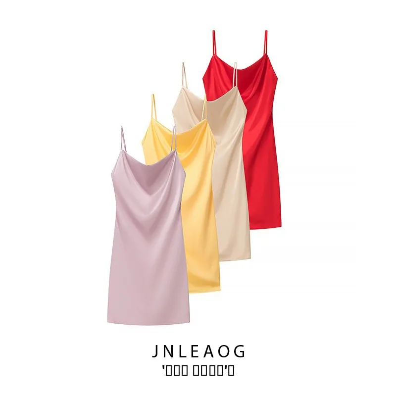 

JNLEAOG Autumn New Women's Faionable All-Season Silk Satin Sexy Color Versatile Dr Casual Strapl Wrap Dr