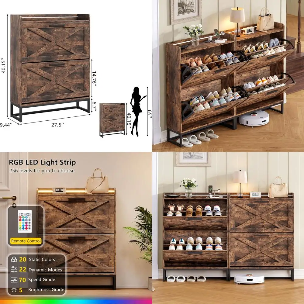 

Slim Rustic Brown Shoe Cabinet with 2 Drawers, Night Light & Sockets for Entryway Storage
