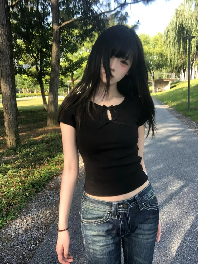 American Retro Hot Girl Knot ort Sve T-Shirt Damen Sommer Taille Cinching Schlankheits Vielseitiges Slim Fit Top