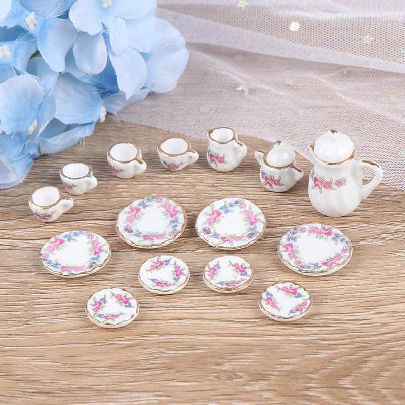 15-teiliges Set 1:12 Miniatur-Porzellan-Geschirr für Puppenhäuser, Teetassen, Teekanne, Teller, Puppenhaus-Küchenmöbel, Spielzeug