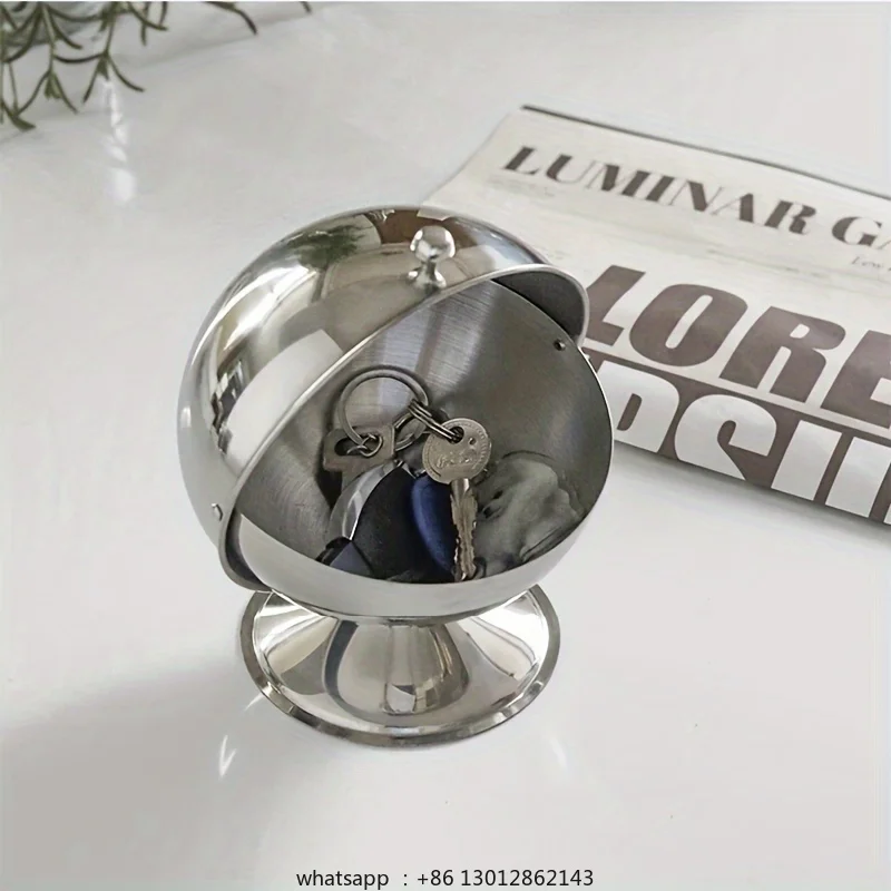 

Stainless Steel Storage Jar Sphere Storage Jar with Flip-Top Lid Modern Round Desktop Organizer for Kitchen Home Office