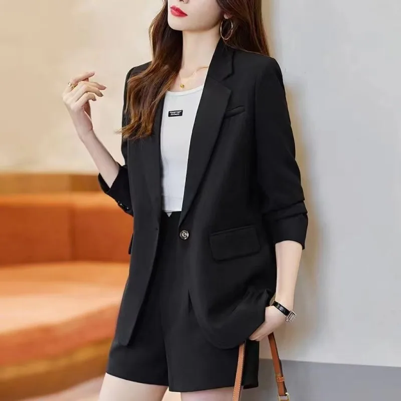 Spring Autumn Solid Color Button Long Sleeve Women\'s Clothing Rivet Turn-down Collar Pockets Cardigan Casual Formal Coats Tops