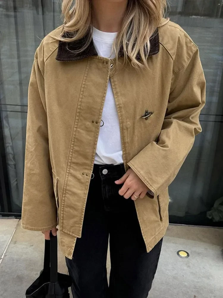 Casual Contrast Lapel Jackets Women Cargo Long Sleeve Single Breasted Pockets Coats 2024 Autumn Lady Fashion Streetwear Outwears