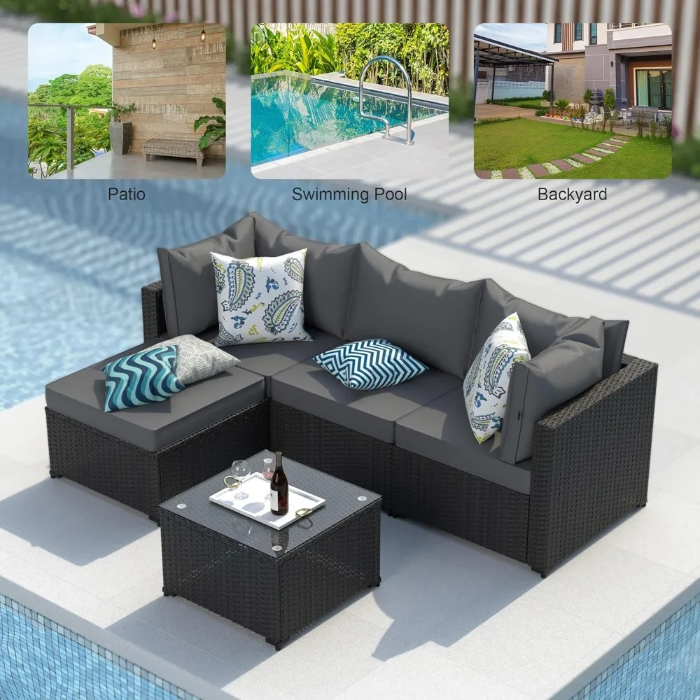 Outdoor Sectional Patio Furniture Set with Ottoman, Wicker Couch, Rattan Modular Seating, Conversation Area for Porch Decor