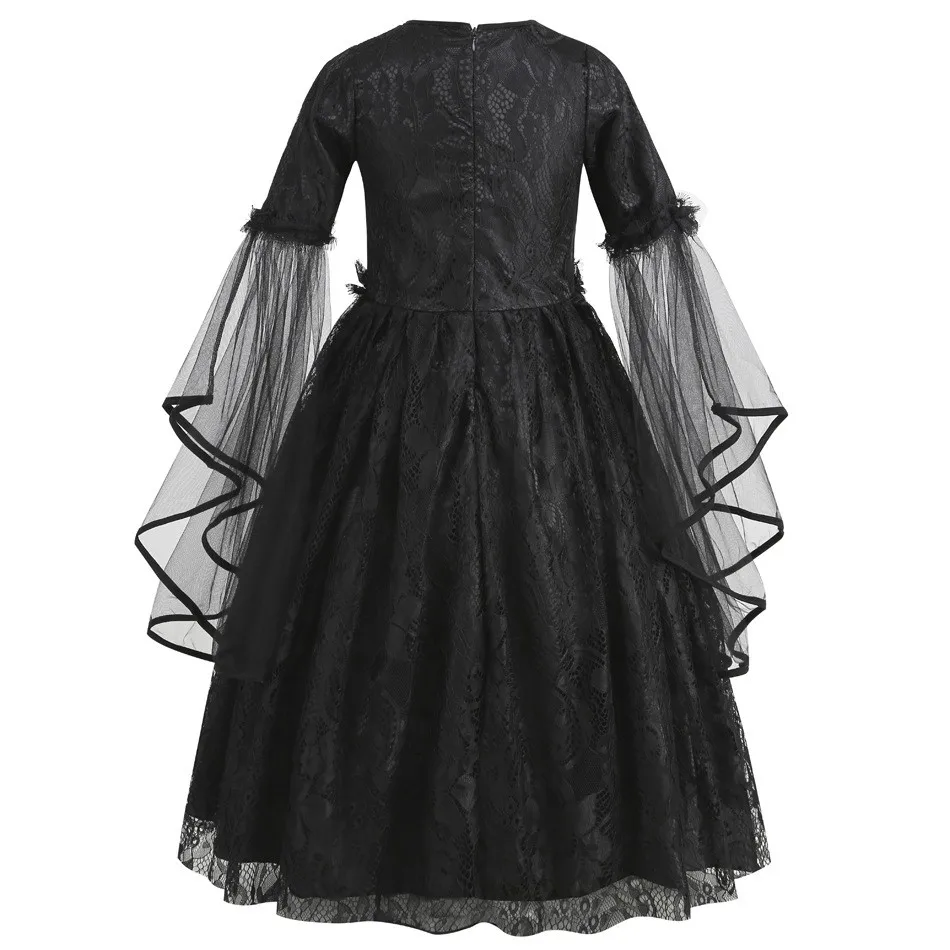 Halloween Black Queen Dress for Girl Cosplay Evil Witch Luxurious Puff Lace Dress for Birthday Party Length Dress With Wig Crow