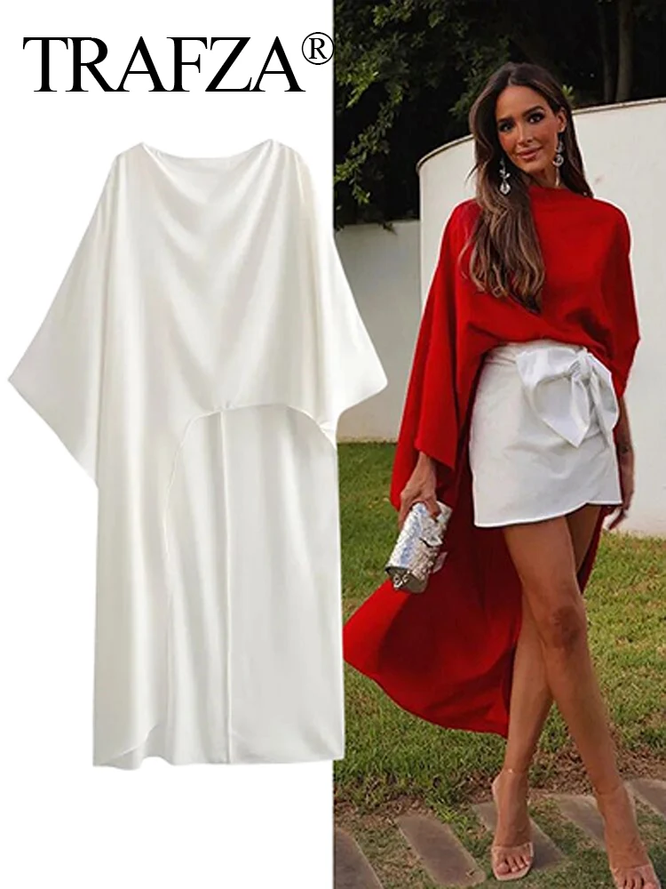 TRAF Spring Women's Asymmetric Cape Style Red Satin Shirt Fashionable Round Neck Women's Casual Long Shirt Holiday Style 2024