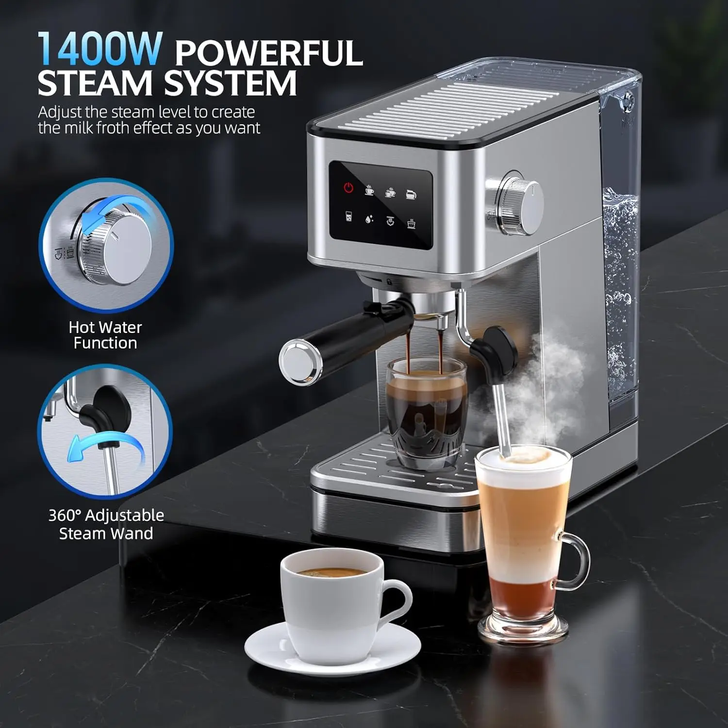 Machine, 20-bar professionele espressomachine, melkopschuimer stoomstokje voor latte, compacte roestvrijstalen machine met 57,5 oz afstandsbediening