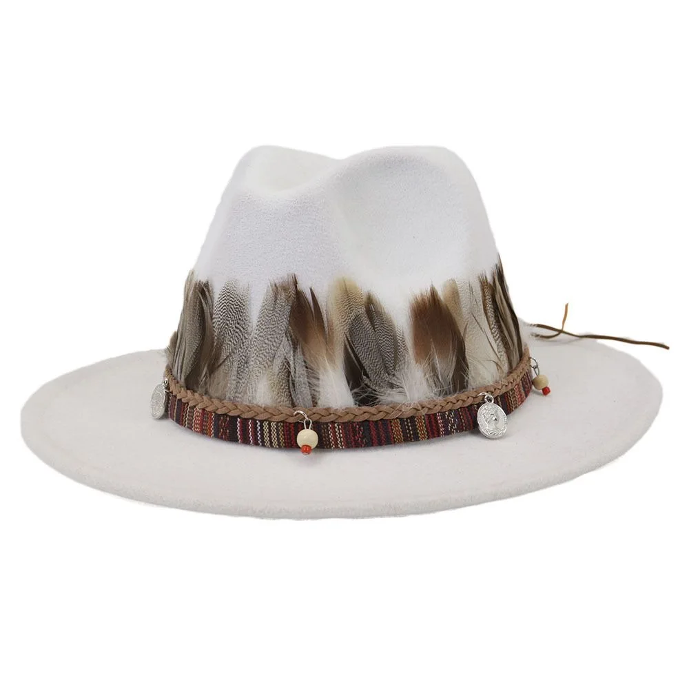Feather Ethnic Style Decorative Band Fedora Hat Men Women Jazz Flat Brim Hat British Woolen Knight Cap 2