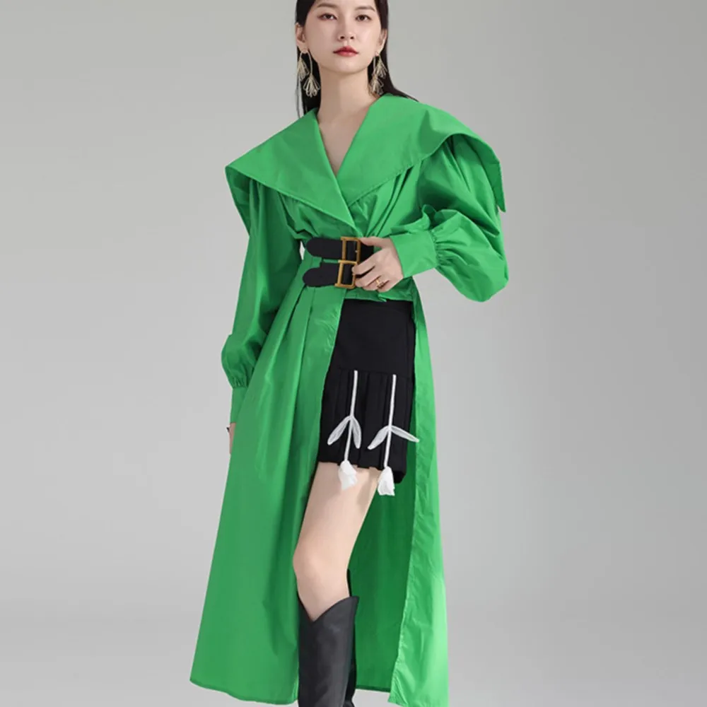 

Irregular spliced shirt belt lapel long lantern sleeve dress women