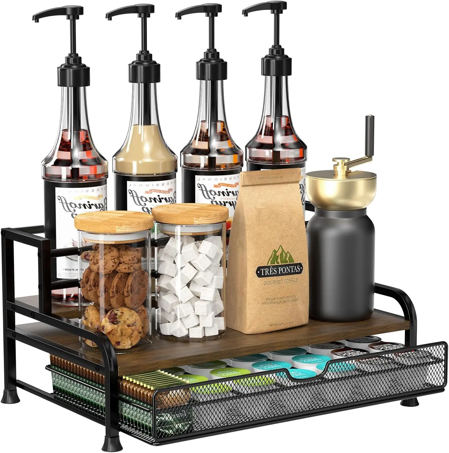 

Coffee Syrup Rack Organizer, 3-Tier 8 Bottles Syrup Rack with 35 K Cup Storage Basket for Coffee Bar, Countertop Bottle