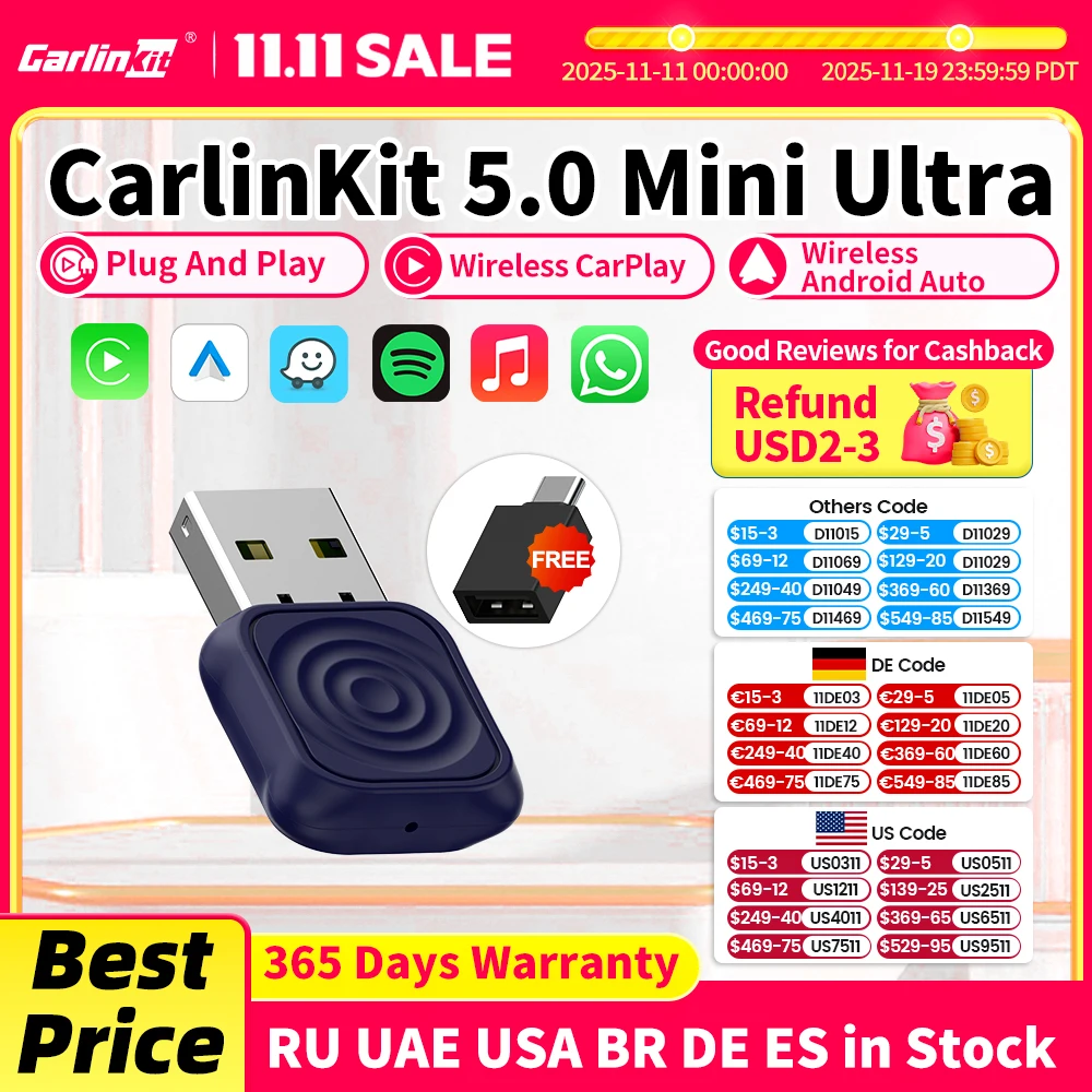 

CarlinKit 5.0 Wireless Adapter Mini Ultra Wireless Android Auto & CarPlay USB Dongle For Car Upgrade WiFi Bluetooth Auto Connect