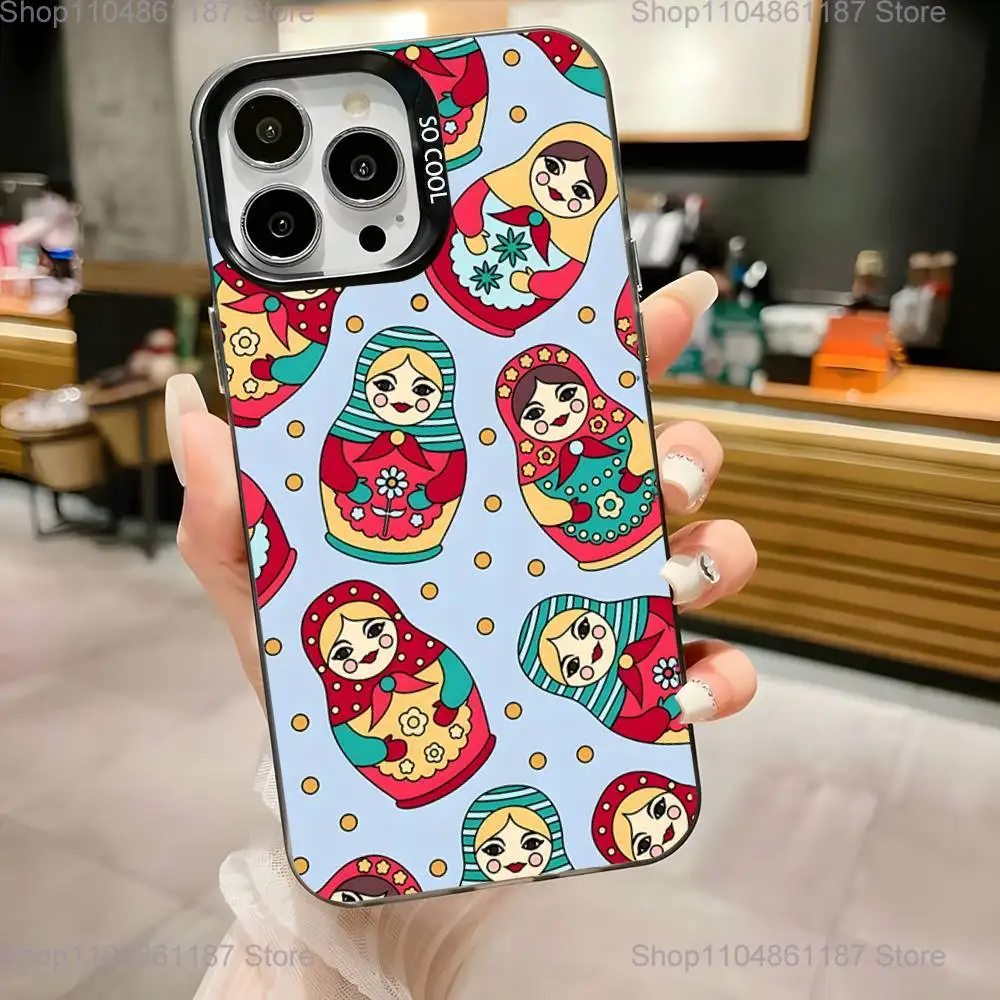 حافظة هاتف ماتريوشكا للدمى الروسية لهواتف iPhone 17,16,15,14,13,12,11,Pro,Max,Plus, Mini,XS,SE مضادة للسقوط باللون الأسود غير اللامع