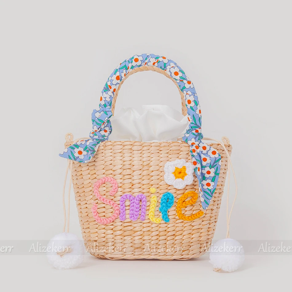 Women Letter Embroidery Straw Bags 2022 New Summer Cute Handmade Flowers Natural Rattan Beach Shoulder Crossbody Bags Holiday