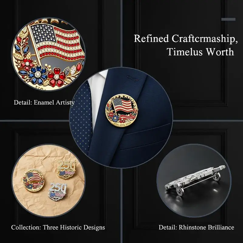 250th USA Anniversary Souvenir Brooch Set Shiny Rhinestone American Flag Durable Alloy for Patriotic Parades Home Display