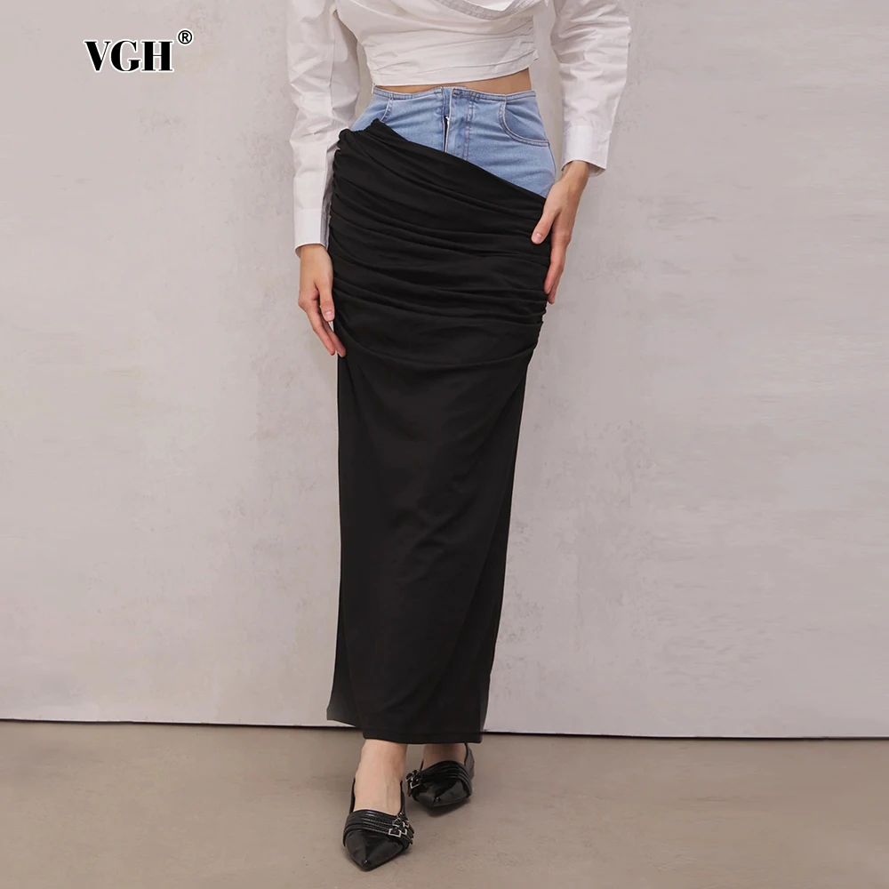 

VGH Colorblack Patchwork Folds Skirts For Women High Waist Spliced Pockets Slimming Bodycon Long Skirt Female Fashion Style New