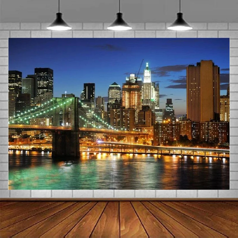 New York City Brooklyn Bridge Background Downtown Skyscrapers At Night Photography Backdrop Manhattan Skyline Hudson River