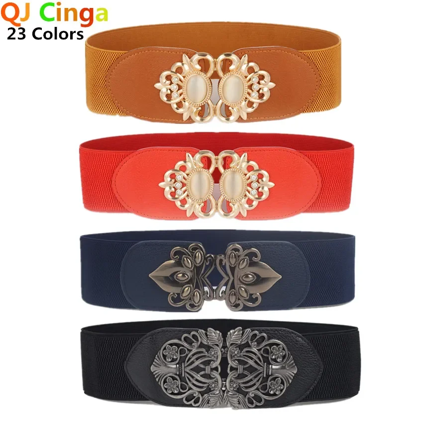 23 Types New Women Elastic Wide Belt, Thick Vintage Totem Print Stretch Leather Waist Belts, for Dress Corset Cinch Waistband