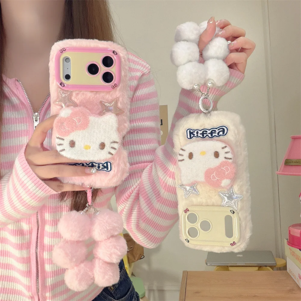

Warm fluffy plush cute Hellokitty phone case for iPhone 17 Pro Max 16 13 14 15 Pro cover band Chain furry shockproof Funda Cases