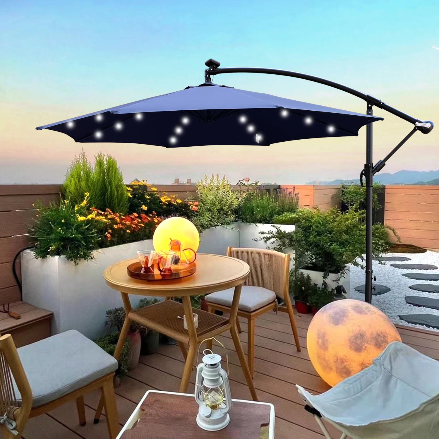 10 ft Outdoor Patio Umbrella Solar Powered LED Lighted Sun Shade Market Waterproof 8 Ribs Umbrella with Crank and Cross Base for