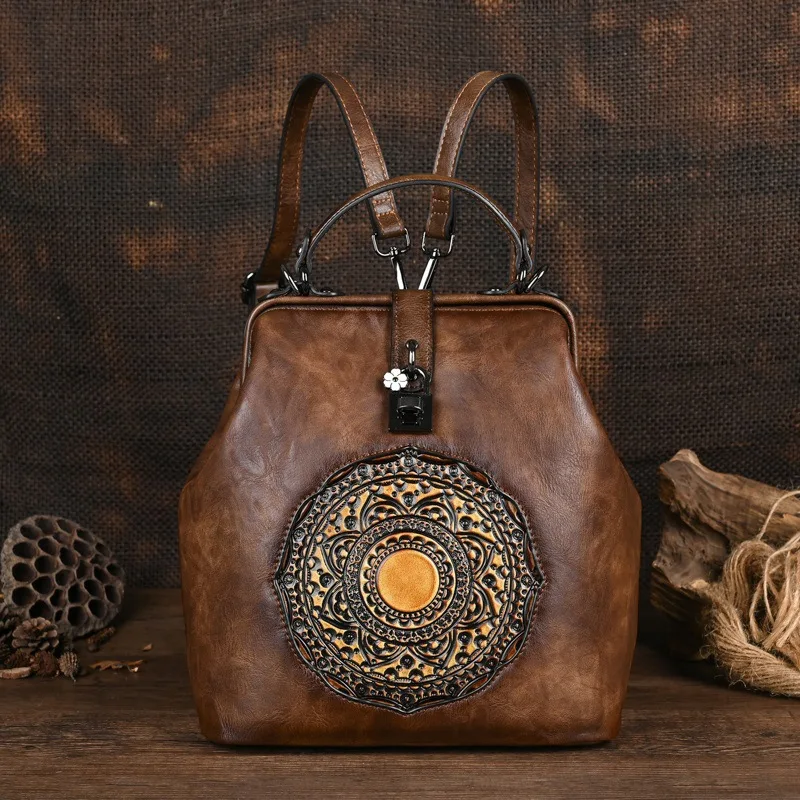 Vintage Women Leather Backpack Floral Double Shoulder Bag Functional Chiniese Style Ladies Handbag