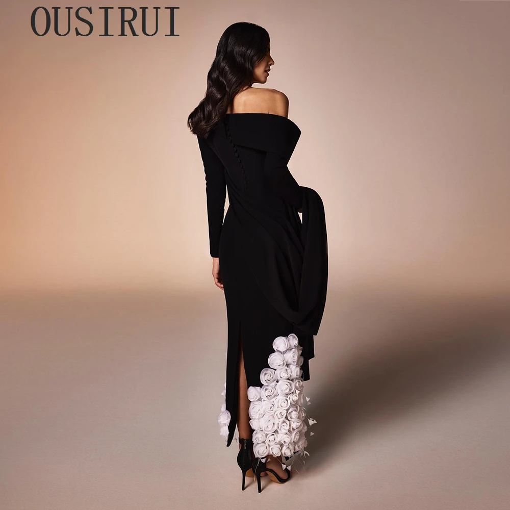 OUSIRUI Elegant One Shoulder 3D Flowers Feathers Black Evening Dresses For Woman Long Sleeves Arabic Mermaid Formal Party Gowns