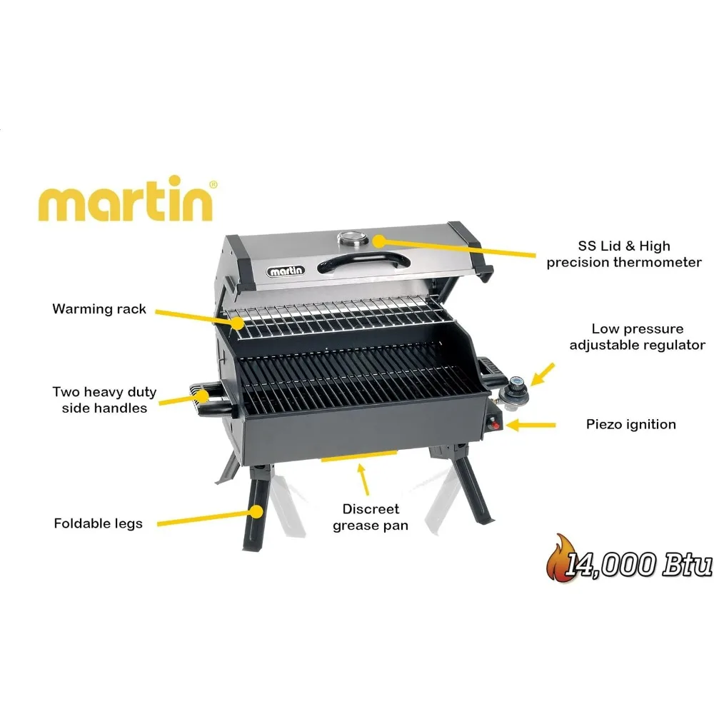 Portable Propane Bbq Gas Grill 14,000 Btu Porcelain Grid with Support Legs and Grease Pan，BBQ Grills