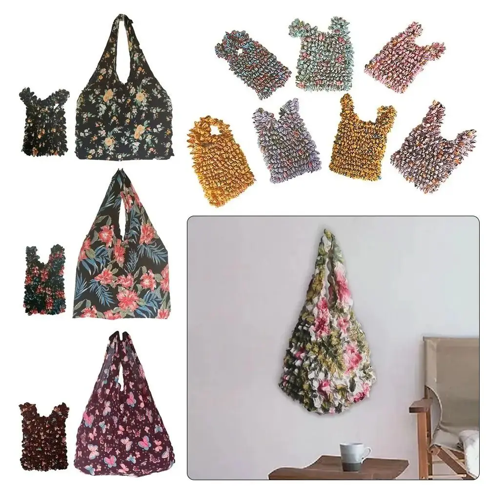 Portable Bubble Foldable Stretch Bag Expansion Elastic Handheld Shopping Bag Tote Bag Chiffon Floral Paddy Bag Travel