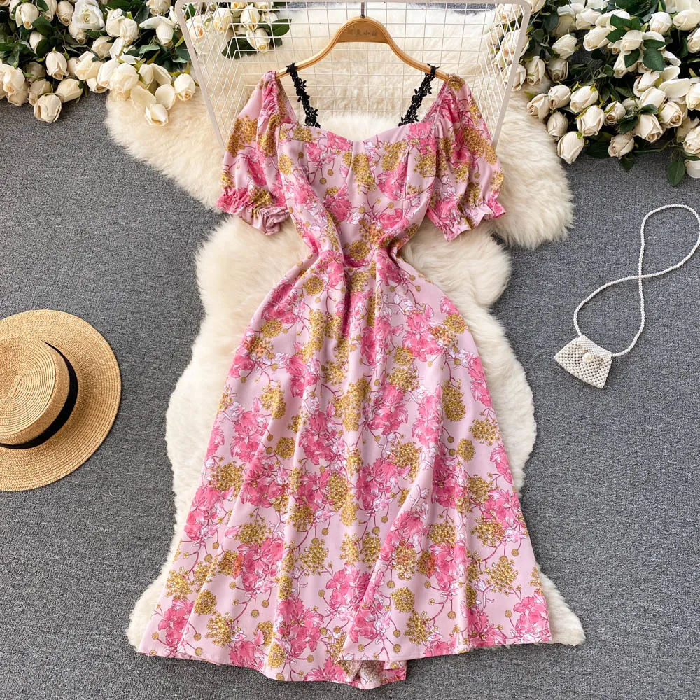 Women Summer Dress for Vacation Flower Print Puff Sleeve Boho Beach Skirt Pink Fairy Ladies Smocked Long Dress Female Party Gala