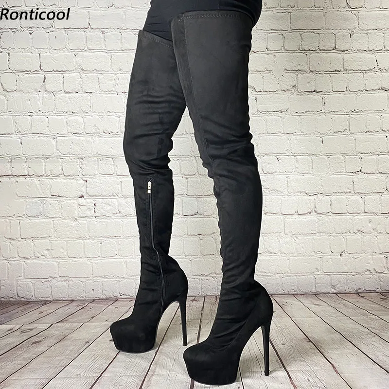 

Ronticool Handmade Women Spring Thigh Boots Side Zipper Sexy Stiletto Heels Round Toe Black Night Club Shoes Us Size 5-20