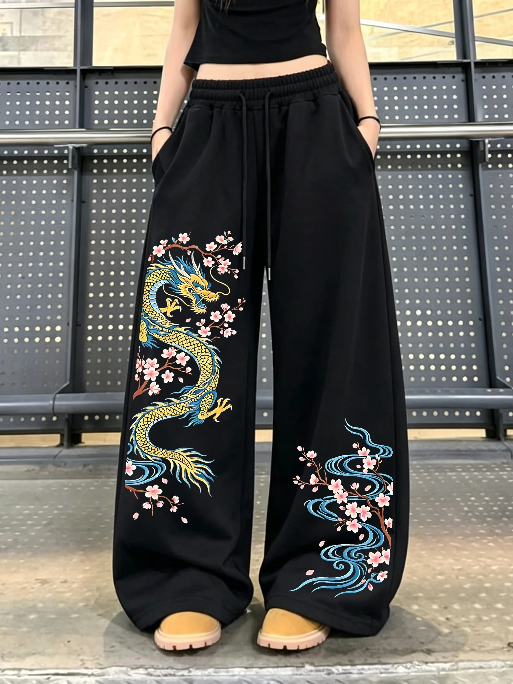 Women Traditional Dragon Cherry Blossom Print Wide Leg Sweatpants Elastic Drawstring Loose Oriental Streetwear Casual Trousers