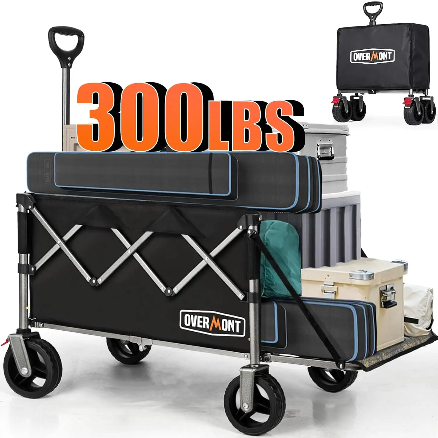 OVERMONT Carrello da Giardino Pieghevole - 200 L/136KG Carrelli da Trasporto Extra Lungo - Carrello da Campeggio Pieghevole
