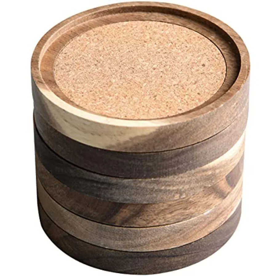 

Acacia Wood Coasters for Drinks, 4.13 Inch, Set of 6, Absorbent and Insulation Cork Stackable Cup Holders, Rustic Coasters for