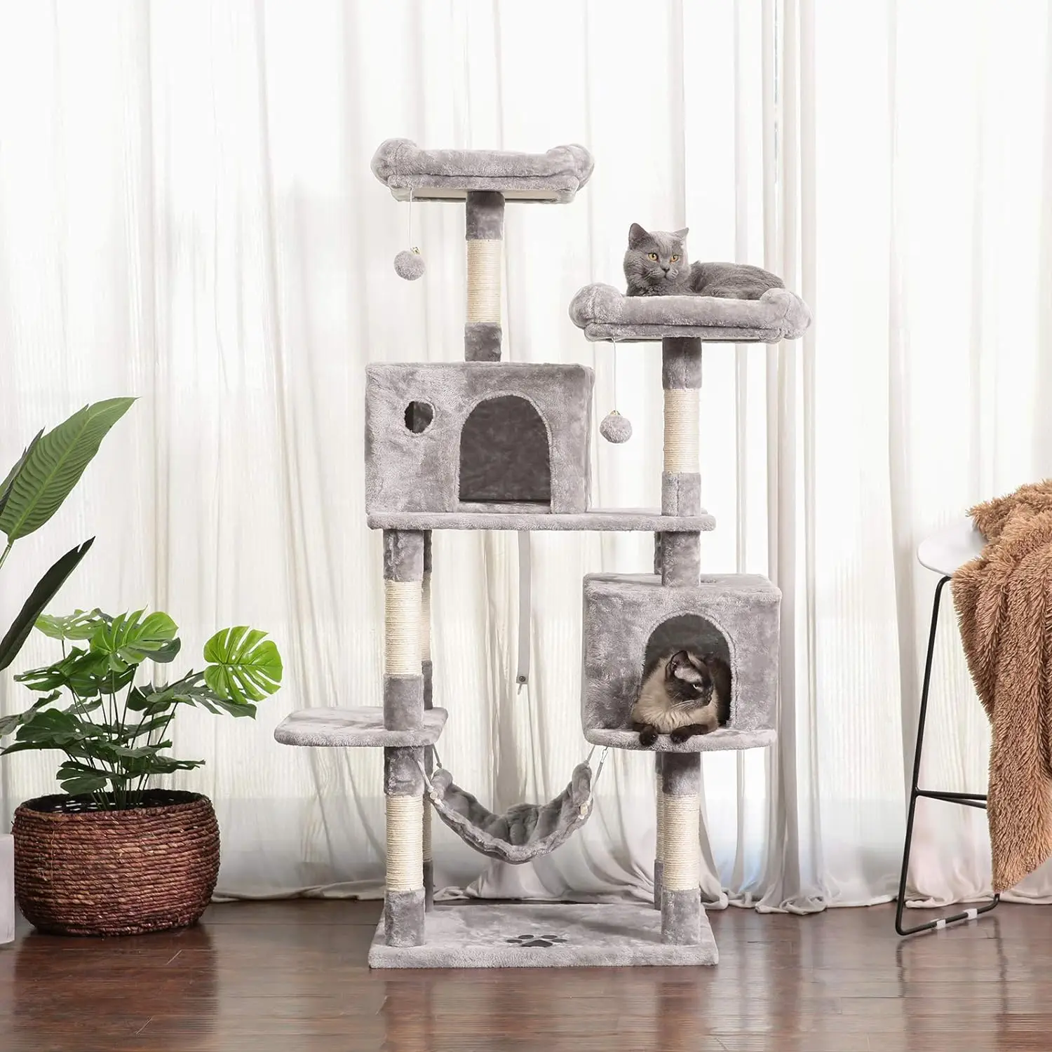 Multi-level Cat Tree With Scratching Post And Hanging Ball Plush Perch Hammock For Cat Scratch And Climb Furniture