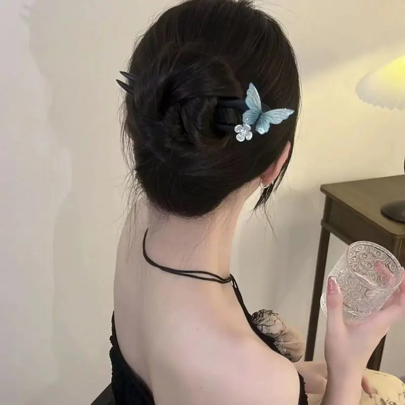 1 Stück neue chinesische Stil Schmetterlingsblume U-förmige Haarnadel, Vintage-Haarnadel, Hanfu-Haar-Accessoire, High-End-Feeling-Haarnadel