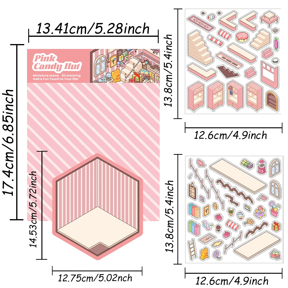 1Set DIY 3D Rosa Candy Shack Miniatur Aufkleber Machen Szenen Warme schöne Aufkleber Visuelle Stapeln Relief Stress Durchgang Die Zeit