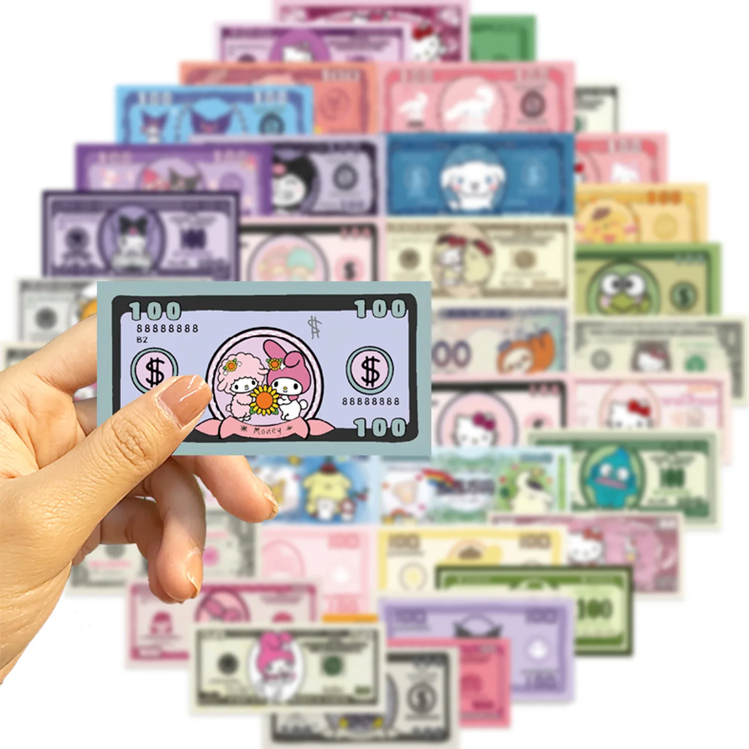 

10/30/50PCS Cartoon Sanrio Banknote Cute Cartoon Sticker Kawaii Personality Funny Creative Graffiti DIY Water Cup Decal Kids Toy