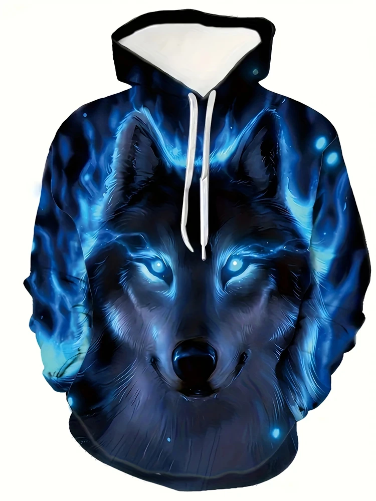 Europe And The United States 3D Wolf Print Daily Outdoor Sports Hoodie Large Size Men's Long-sleeved Round Neck Hooded Sweater