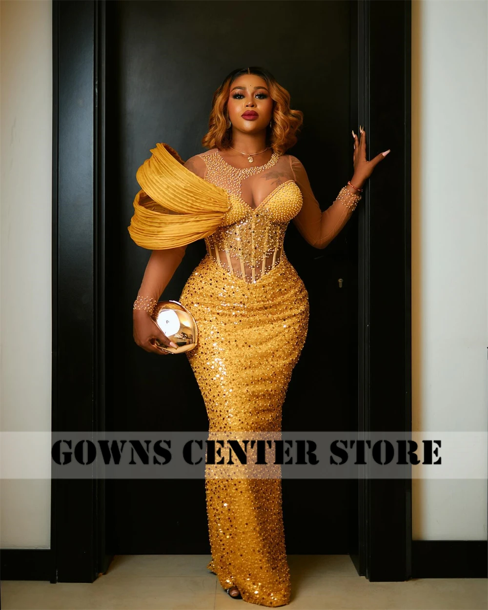 Golden Beaded African Luxurious Evening Dresses Tulle Shoulder Mermaid Formal Dress Wedding Reception Gown Engagement Customized