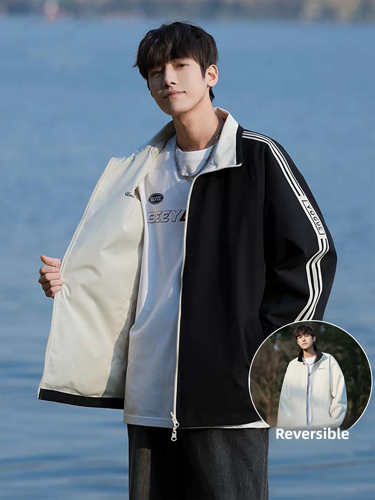 

Двусторонняя куртка с воротником-стойкой для молодых мужчин, весна-осень, тонкая, в полоску, повседневная, спортивная, ветрозащитная, из полиэстера