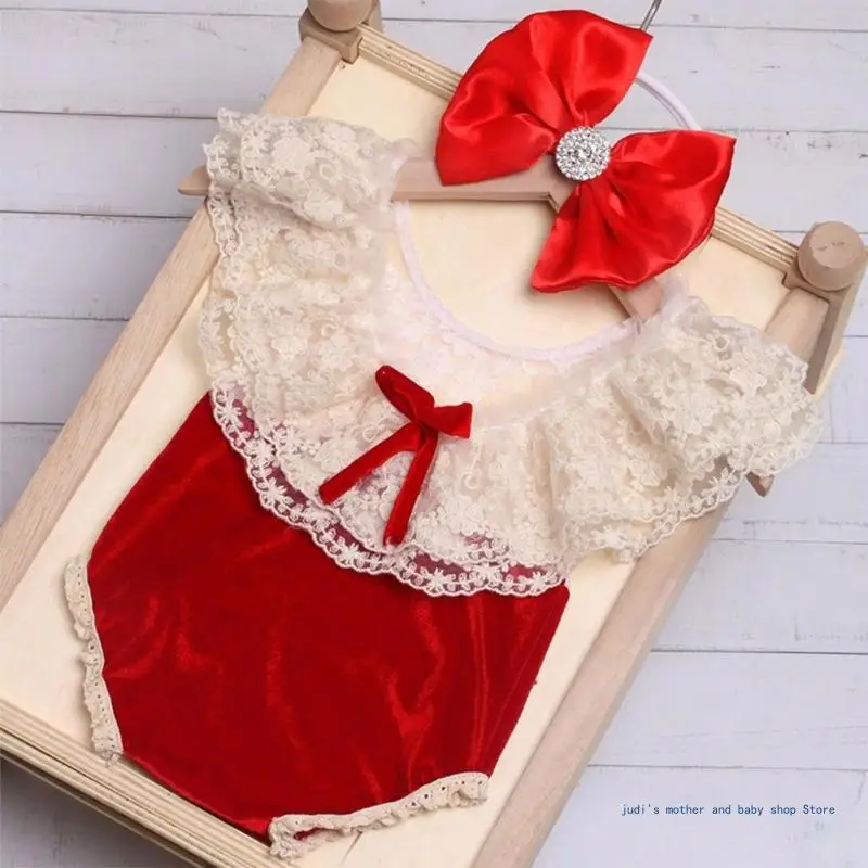 67JC Newborn New Year Red Costume Headwear Backless Romper Baby Photography Clothing