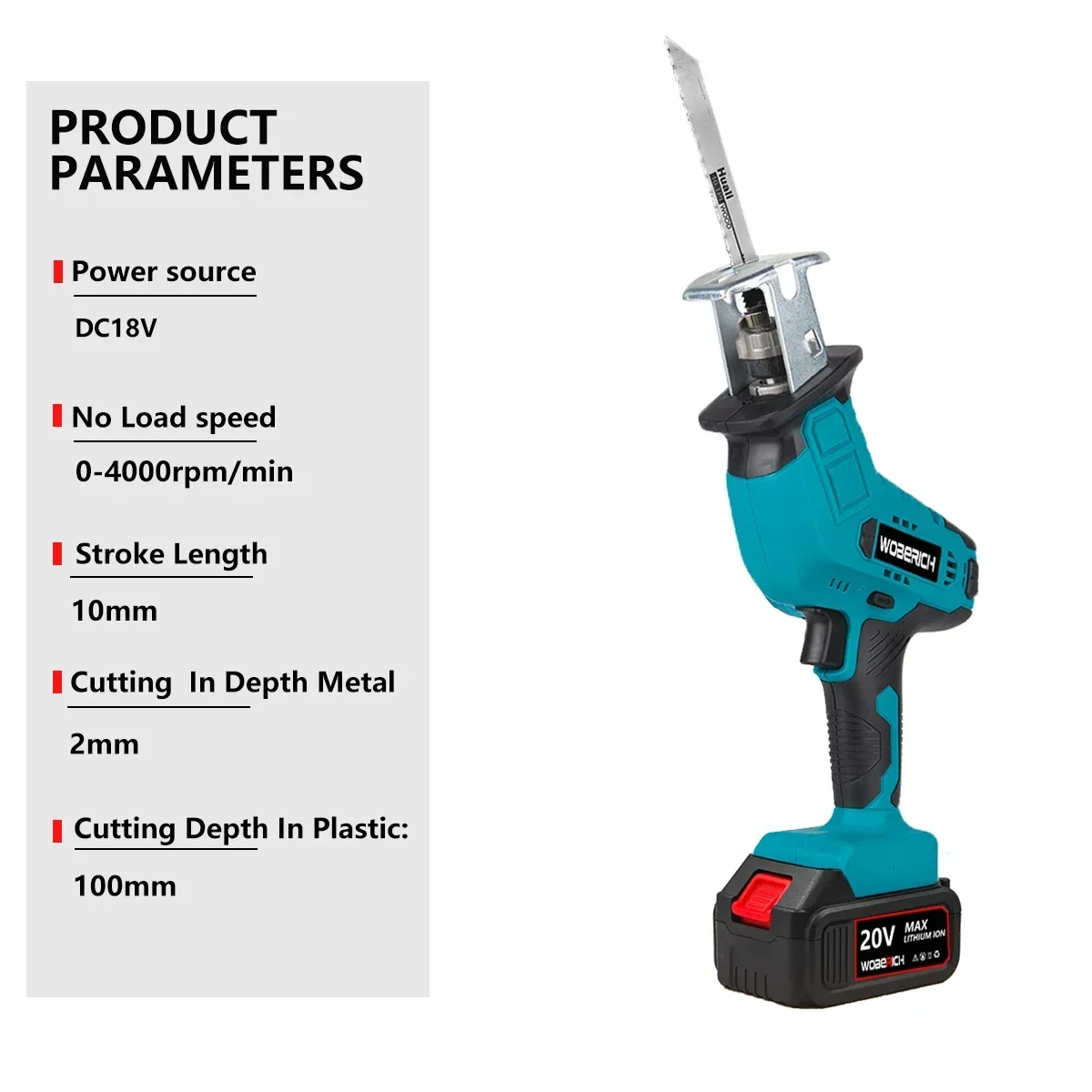 Cordless Reciprocating Saw 21V Chainsaw Cutting Wood/Metal/PVC Pipe Adjustable Speed with Saw Blades Power Tool By WOBERICH