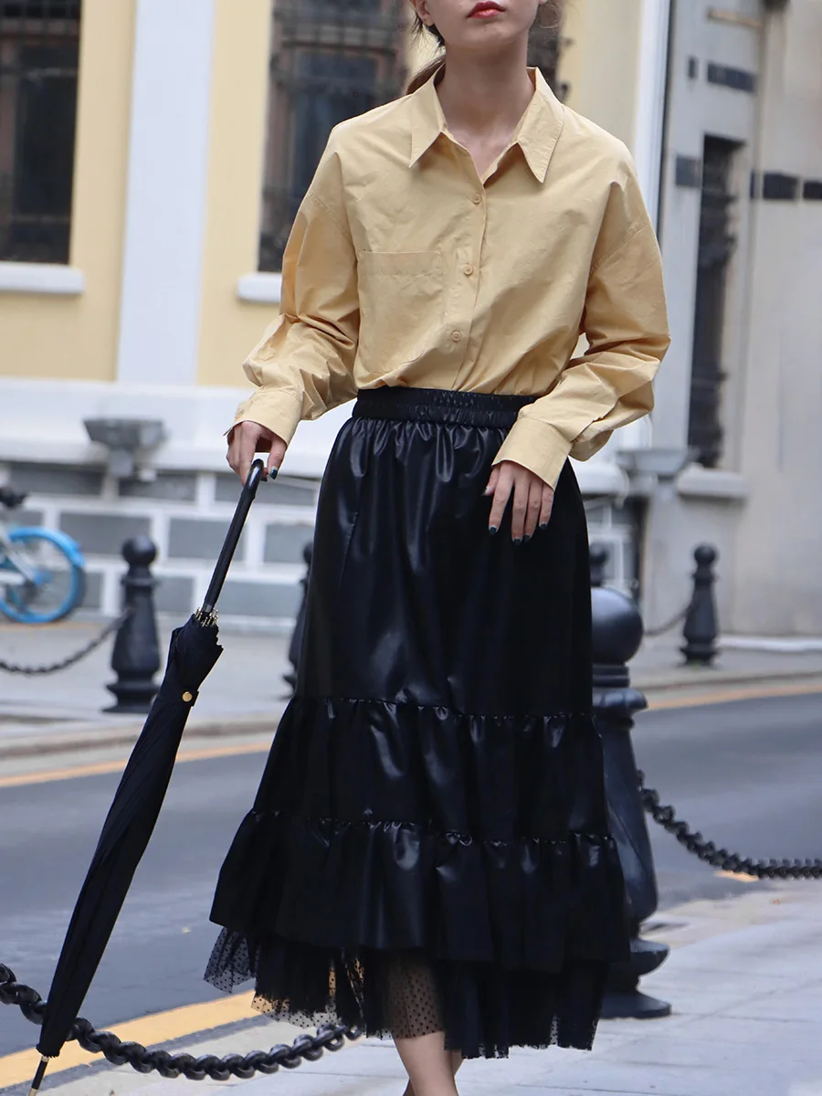 

Faionable Design PU 3D Women's Skirt High Waist Commute Mid-Length Patchwork Cake Skirt A-Line Silhouette Pure Color