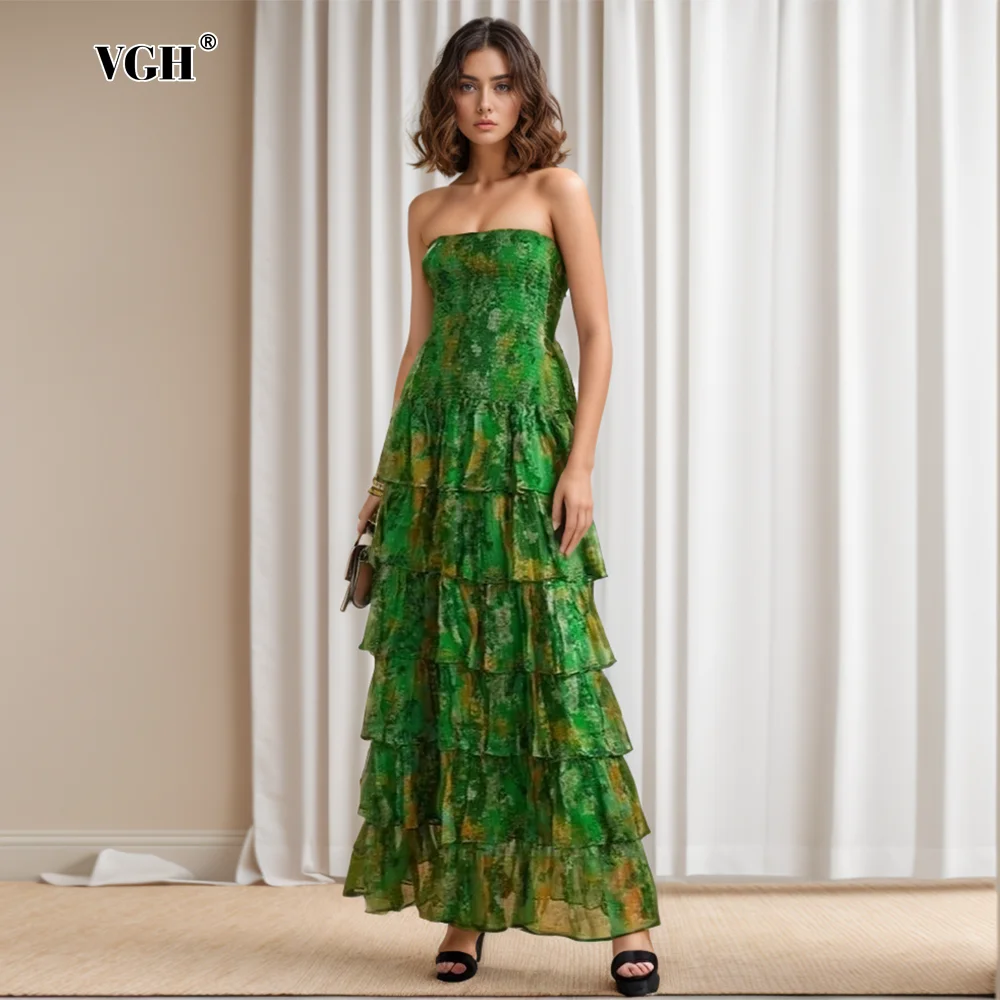 VGH Temperament Dresses For Women Strapless Sleeveless Backless Hit Color Patchwork Ruffles Casual Dress Female Fashion Clothing