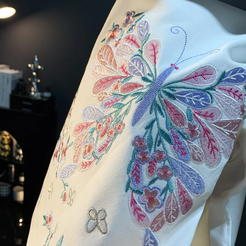 2025年夏 メンズ向け 中華風花蝶刺繍半袖Tシャツ、新作トレンドブランドゆったり万能トップス