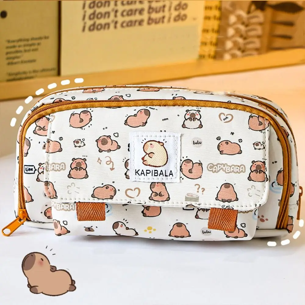 Cute Multi Layer Capybara Stationery Bag Canvas Pencil Cases Capibara Pencil Bag Large Capacity Cartoon Pen Pouch Children