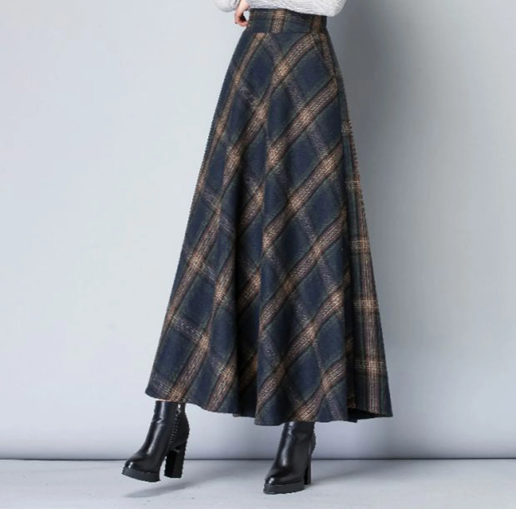

Autumn Winter Korean Style Mid length Faux Woolen Textured Plaid Skirt Women's Slimming Ankle Length A line Skirt Fashion Casual