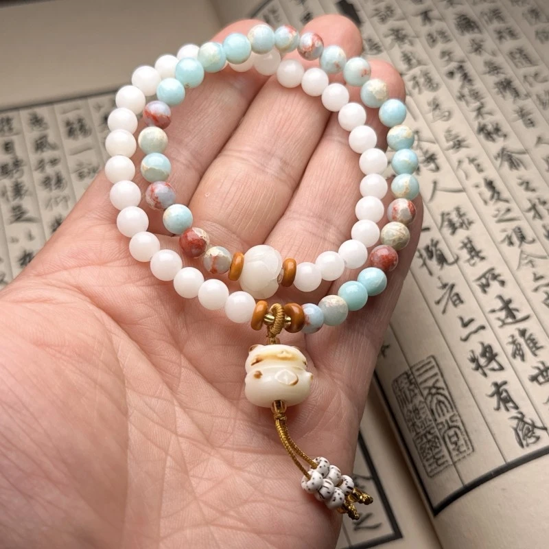 Natural Bodhi Root Bracelet with Shoushan Stone Round , Charcoal-Baked Fortune Cat Pendant, Buddhist Beads, Double-Loop Des